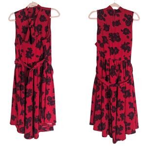 Retro Chic Black Floral On Red Midi  Dress Pinup Women's 18